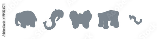 Hand-drawn elephant shapes and an abstract tail in grey