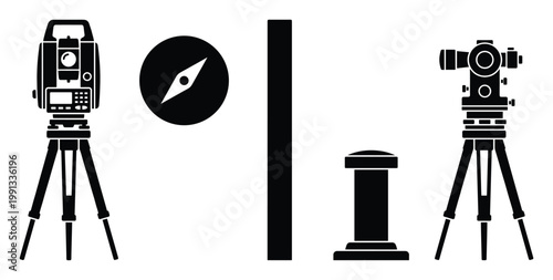 Professional surveying instruments set with total station, compass, and staff for civil engineering and land mapping.