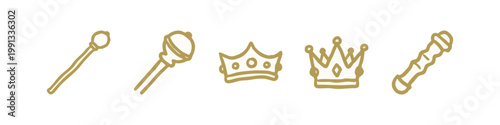 Hand-drawn icons: scepter, crown, royal objects