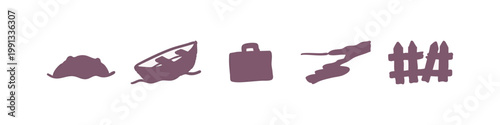 Hand-drawn icons: hill, sinking boat, suitcase, land mass, fence
