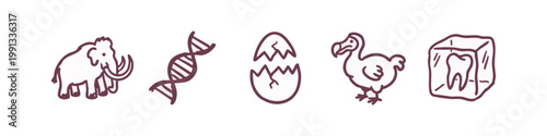 Hand-drawn icons: mammoth, DNA, egg, dodo bird, ice cube
