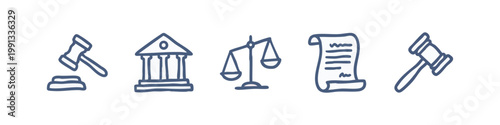 Hand-drawn icons: gavel, courthouse, scales of justice, document, law