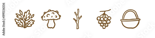 Hand-drawn nature icons: leaf, mushroom, twig, berries, basket