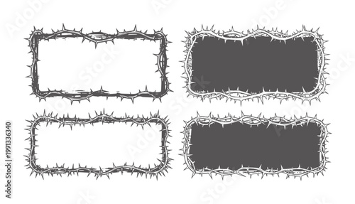 Four rectangular frames made of thorny branches with dark gray and white backgrounds