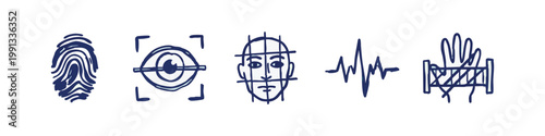 Hand-drawn security and biometrics icons: fingerprint, eye, face scan, waveform, hand