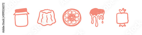 Hand-drawn food and sweets icons: jar, pudding, orange slice, dripping, candy
