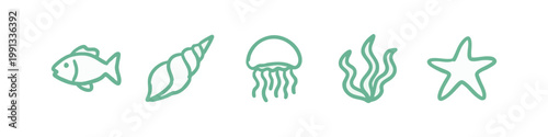Hand-drawn marine life icons: fish, shell, jellyfish, seaweed, starfish