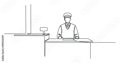 Professional person in uniform behind a service counter in a modern minimalist graphic suitable for corporate communication needs