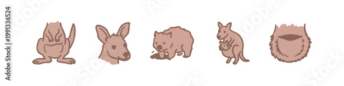 Australian Wildlife Icons: Kangaroo, Wombat, Joey, Pouch