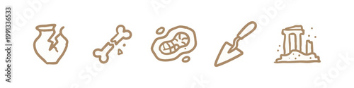 Archaeological Discovery Icons: Pot, Bones, Fossil, Trowel, Ruins