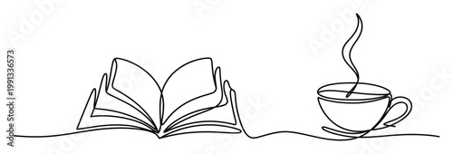 Continuous line drawing of an open book and a steaming hot beverage cup perfect for literary themed designs and educational content.