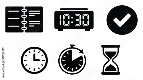 Set of essential black and white glyph icons representing time, scheduling, and task management concepts for various uses