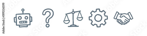 Gray Robot, Question Mark, Scales, Gear, Handshake Icons