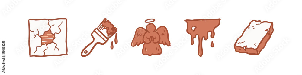 Fototapeta premium Hand-drawn art and material icons: cracked wall, brush, angel, paint drip, brick
