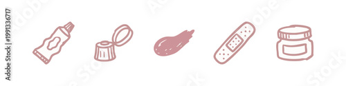 Hand-drawn personal care icons: tube, cap, blob, bandage, jar