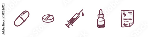 Hand-drawn medical icons: capsule, pill, syringe, dropper, prescription