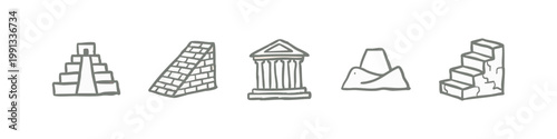Hand-drawn architecture icons: pyramid, wall, temple, mountain, stairs