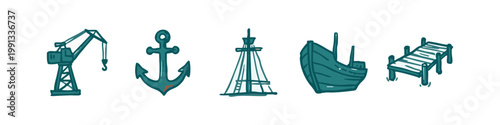 Hand-drawn maritime icons: crane, anchor, mast, ship, pier