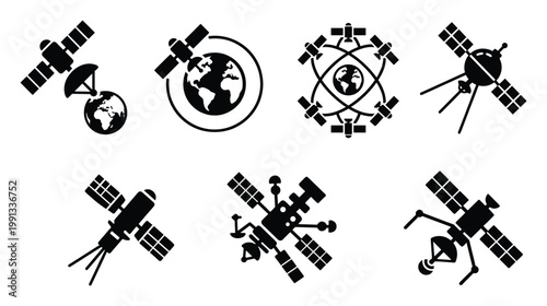 Collection of satellite and Earth icons for global communication, internet, and space technology topics.