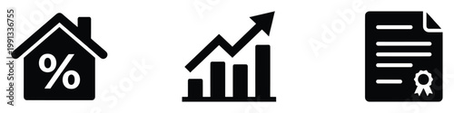 Real estate finance icons covering mortgage rates, market growth, and legal property documents
