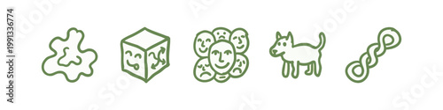 Hand-drawn abstract and animal icons: blob, cube, faces, dog, knot