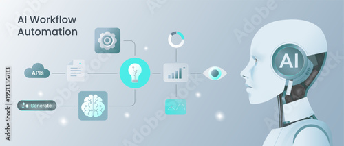 AI Workflow Automation. Modern banner with robot powered by artificial intelligence, analyzing business data and statistics to make decisions. Neural network.