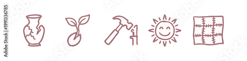 Hand-drawn symbolic icons: vase, sprout, hammer, sun, fabric