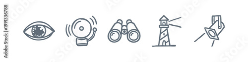 Hand-drawn perception and navigation icons: eye, bell, binoculars, lighthouse, spotlight