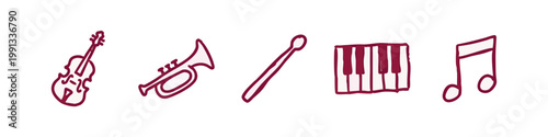 Hand-drawn music icons: violin, trumpet, drumstick, piano, note