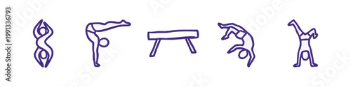 Hand-drawn gymnastics icons: pose, vault, flip, cartwheel
