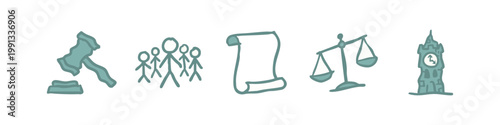 Law and justice icons: gavel, people, scroll, scales, clock tower