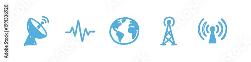 Communication and technology icons: satellite, wave, earth, tower, antenna
