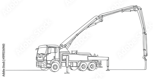 Continuous line drawing of a concrete pump truck extending its boom for building construction projects