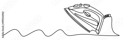 Continuous line drawing of a modern electric iron gliding over wrinkles, ideal for home economics projects or cleaning business promotions.