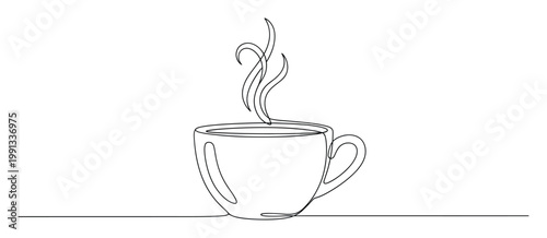 Minimalist continuous line drawing of a steaming coffee cup for cafe branding or breakfast advertisements