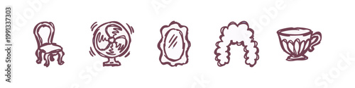 Purple Grey Hand Drawn Vintage Objects Icon Set with Fan Mirror and Chair