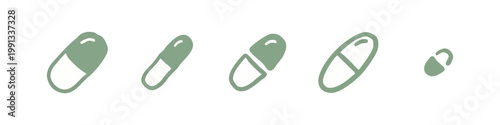 Green Hand Drawn Pharmacy and Pill Icon Set with Various Capsule Shapes