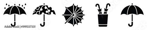 Collection of black umbrella icons for weather forecasts, rainy season indications, and travel applications