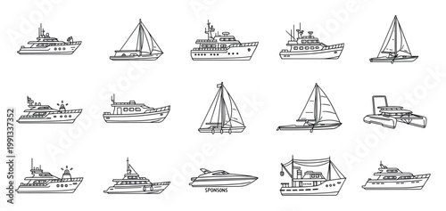 Outline collection of various marine vessels including yachts, sailboats, powerboats, and catamarans for graphic use