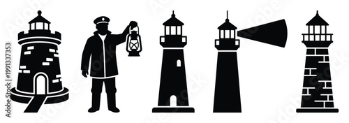 Lighthouse icons and a lighthouse keeper with a lantern symbolizing maritime guidance and coastal safety
