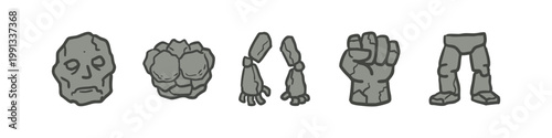 Grey Hand Drawn Stone Golem and Monster Parts Icon Set