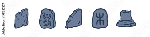 Blue Grey Hand Drawn Ancient Ruins and Rune Stones Icon Set