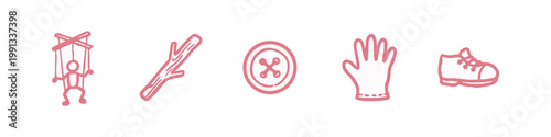 Pink Hand Drawn Doodle Icons Set Featuring Puppet Stick Button Glove and Shoe