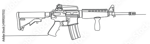 Minimalist single continuous line drawing of a modern tactical assault rifle weapon ideal for security and defense industry concepts.