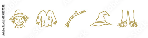Hand Drawn Autumn Scarecrow and Costume Icons with Pumpkin Head, Tattered Clothes, and Witch Hat