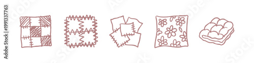 Set of Hand Drawn Patchwork and Textile Icons Featuring Quilted Patterns, Floral Fabric, and Pillows