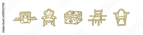 Antique and Classic Furniture Icons Set Featuring Palanquin, Armchair, Chest, and Decorative Chairs