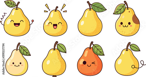 Cute pear fruit characters collection with funny faces, kawaii style food illustrations set isolated vector design