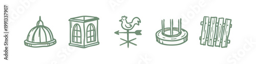 Garden and Outdoor Decor Hand-Drawn Icon Set with Weather Vane and Lantern