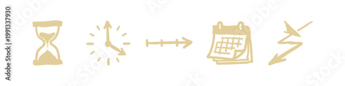 Time Management Hand-Drawn Icon Set with Clock, Hourglass, and Calendar